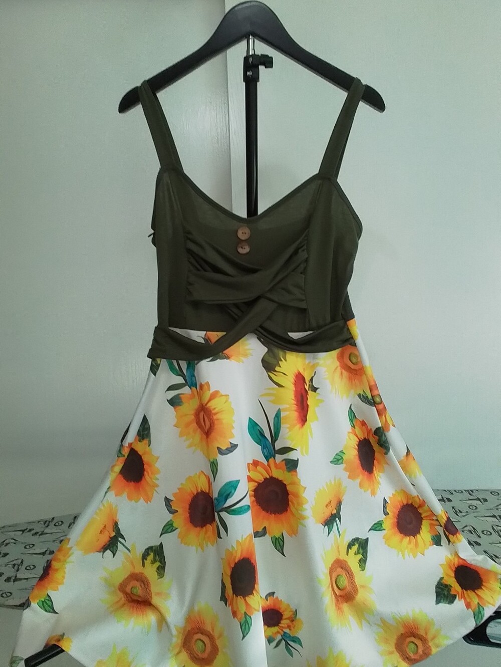 Olive Green & Sunflower Print Midi Dress